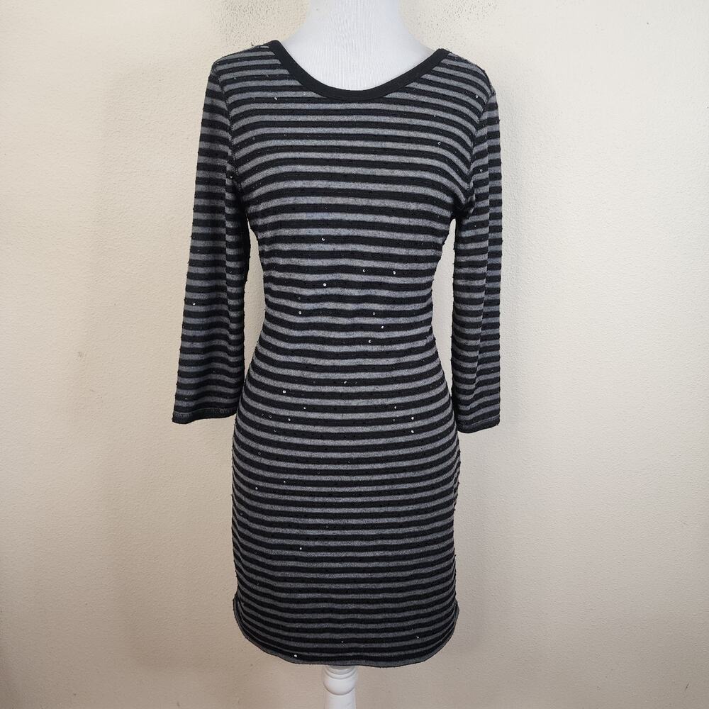 Express Women's Gray Knit Striped Sequin Sheath Sweater Dress 3/4 Sleeve Medium